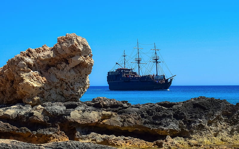 Tall Ship in Cyprus, rocks, Cyprus, tall ship, sea, coast, HD wallpaper