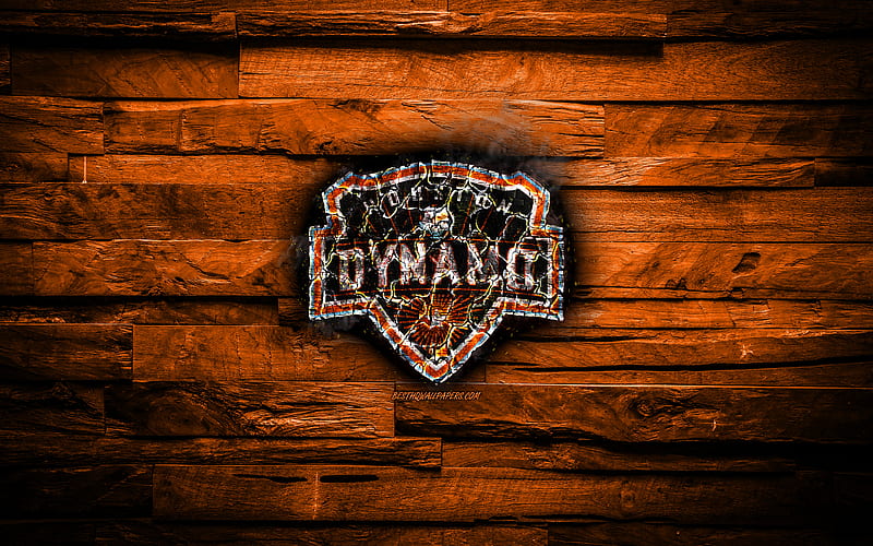 Houston Dynamo FC scorched logo, MLS, orange wooden background, american football club, Western Conference, grunge, soccer, Houston Dynamo logo, fire texture, USA, HD wallpaper