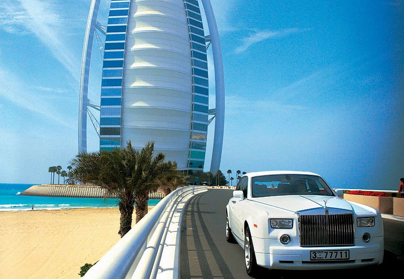 Burj Al Arab Hotel, Rolls Royce Phantom, arquitecture, united arab emirates, rolls royce, dubai, beach, modern, rolls royce phantom, arab, arabian peninsula, HD wallpaper