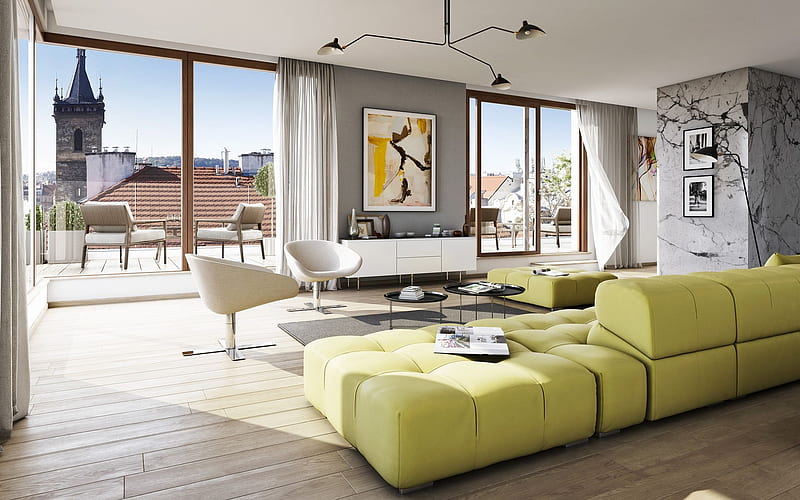 stylish design living room interior, loft style, living room, gray marble on the walls, modern interior design, HD wallpaper