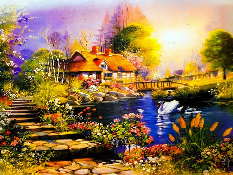 Tranquil, cottage, birds, trees, swan, lake, water, bridge, flowers ...
