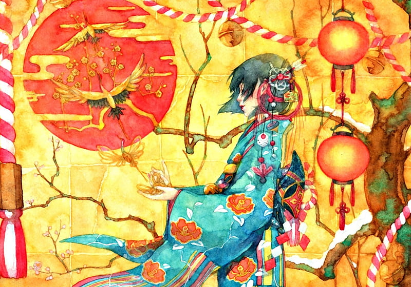Red sun, art, lantern, orange, japanese, crane, kimono, geisha, fantasy, water color, girl, bird, anime, asian, shuka taupe, blue, HD wallpaper