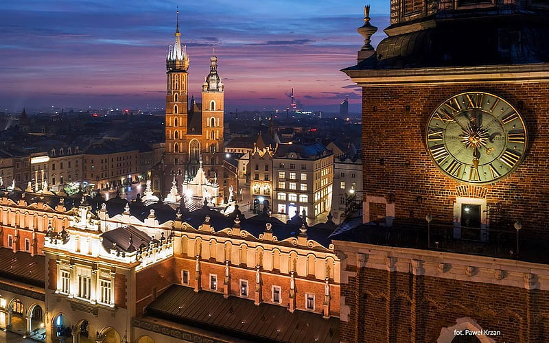 Krakow, Poland, Poland, Krakow, clock, church, cityscape, HD wallpaper