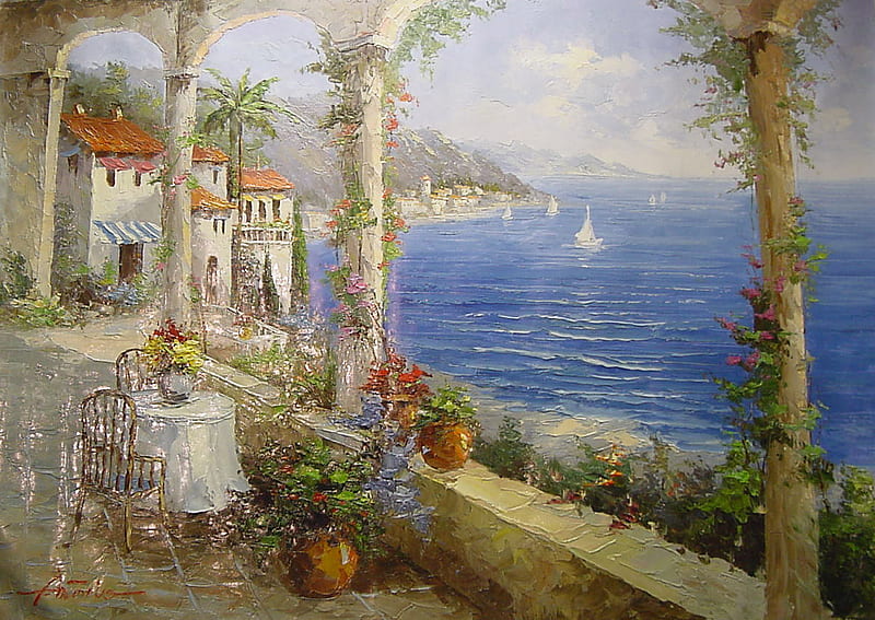 A Cosy Spot For Lunch, table, view, setting, terrace, sea, boats, arches, quite, flowers, pleasure, villas, HD wallpaper