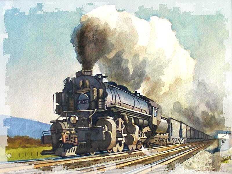 Empty Hoppers - Train F1, railroad, art, locomotive, steam, artwork, train, painting, day, kent day, scenery, landscape, HD wallpaper