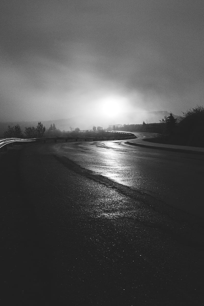 road, winding, bw, fog, HD phone wallpaper