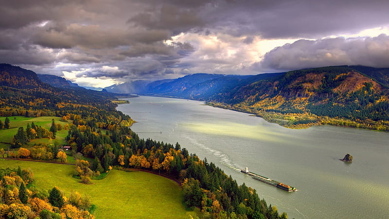 the mighty colombia river in the northwest, autumn, shore, grass, mountains, barge, river, forests, HD wallpaper