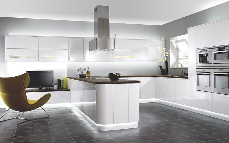 modern stylish kitchen interior design, kitchen design project, modern interior, white gloss kitchen furniture, kitchen, HD wallpaper