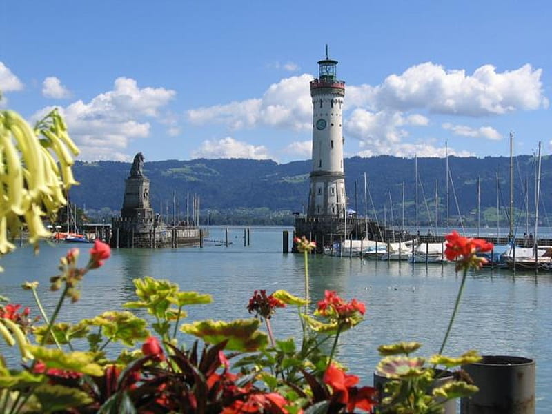 Lindau, Lake Constance, water, germany, summer, flowers, clouds, sky, HD wallpaper