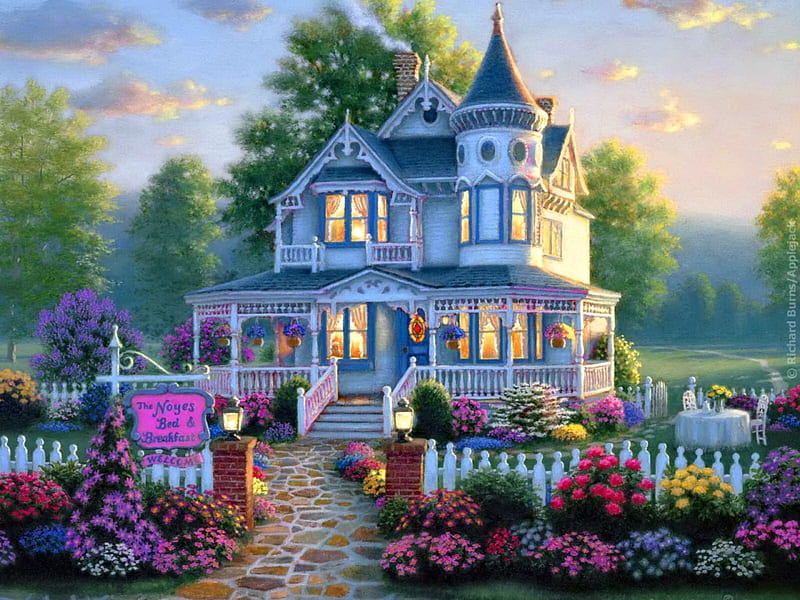 Beautiful House, gate, windows, house, flowers, white, HD wallpaper | Peakpx