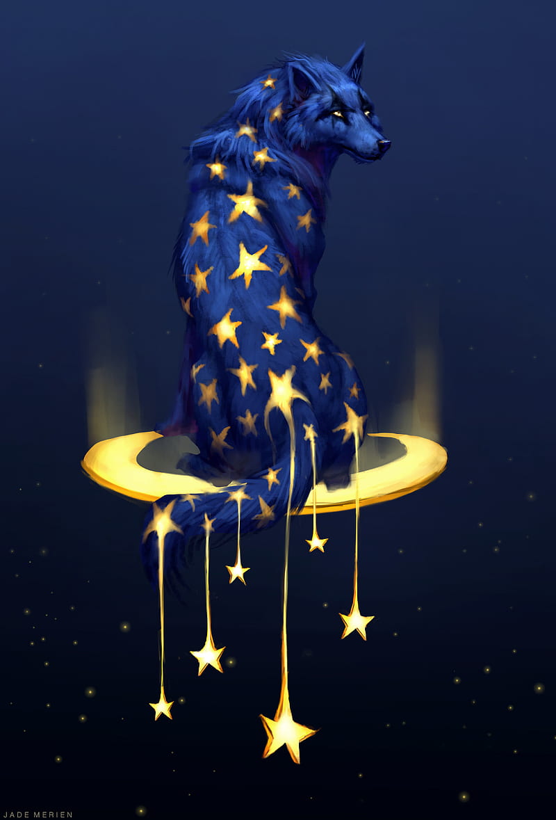 Starry - Jade Merien, wolf, blue, star, stars, moon, artwork, painting, surreal, dream, night, HD phone wallpaper