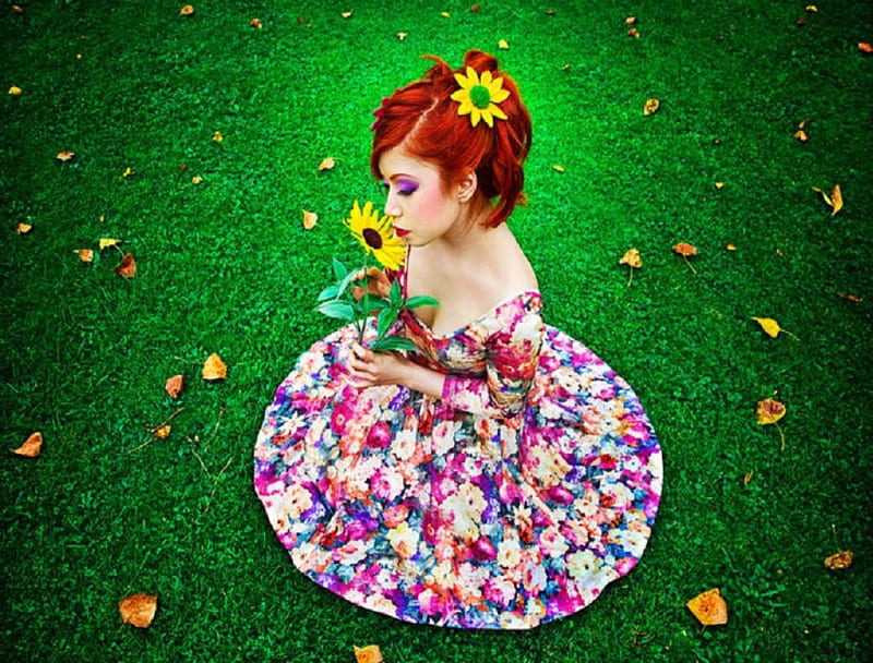 Sunflower, sunflowers, grass, flowers, floral dress, women, HD