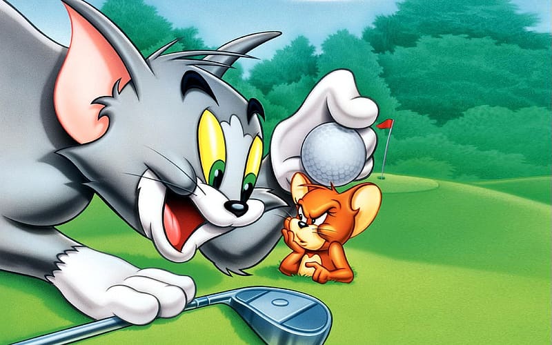Tom and Jerry, cat, vara, childhood, golf, summer, animation, pisici, fantasy, mouse, ball, movie, HD wallpaper
