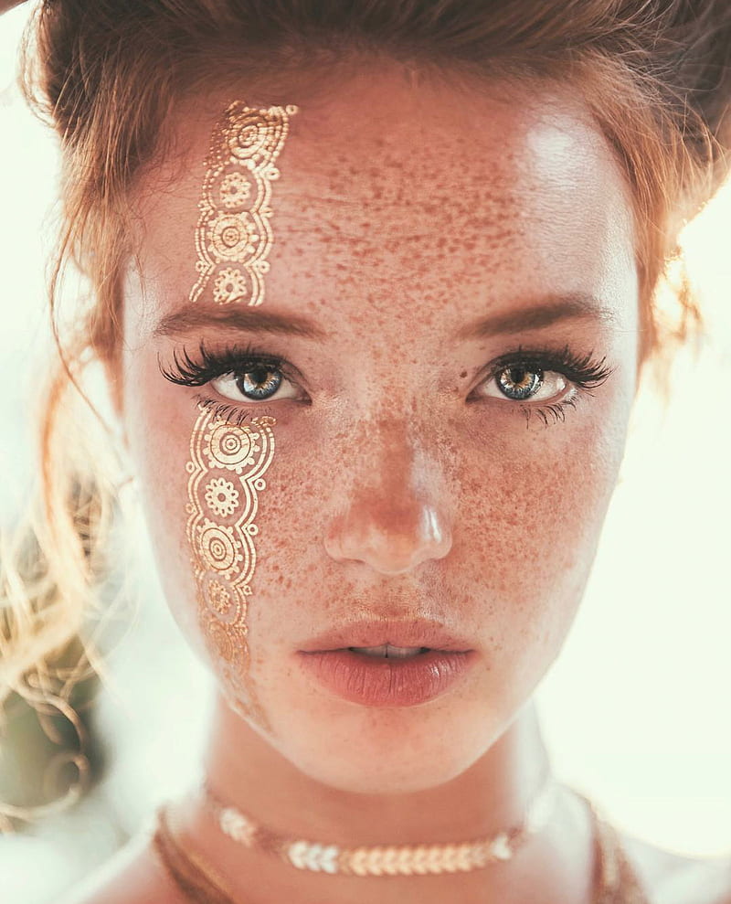 women, model, redhead, long hair, Riley Rasmussen, freckles, face, looking at viewer, portrait, portrait display, face paint, ornament, HD phone wallpaper