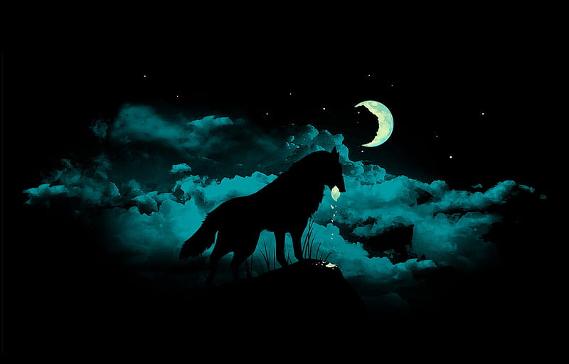WOLF MOON BITE, moon, bite, wolf, clouds, night, HD wallpaper