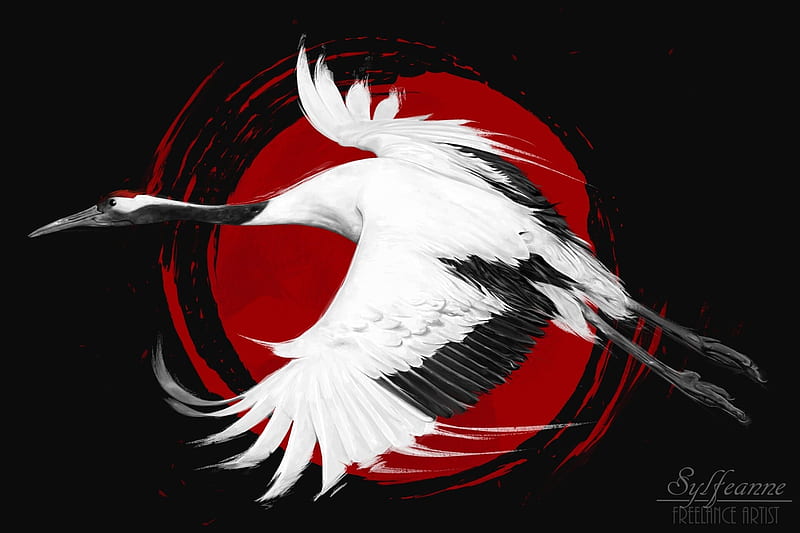 Crane by Sylfeanne, white, red, art, frumusete, wings, luminos, japanese, crane, superb, fantasy, bird, sylfeanne, pasari, gorgeous, HD wallpaper