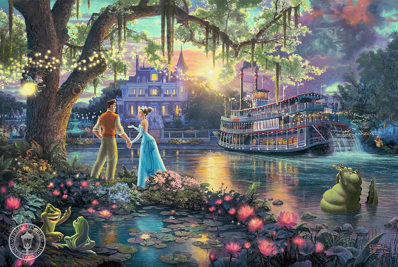 The Princess and The Frog, rive boat, alligator, flowers, river, prince, princess, HD wallpaper