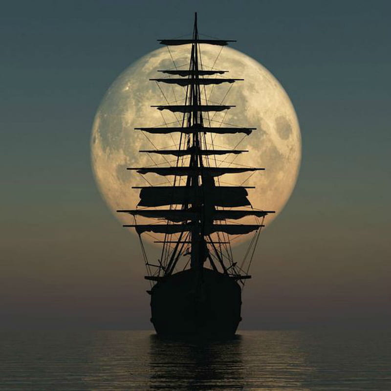 Ahoy, ship, sails, sea, ocean, vessel, silhouette, full moon, pirate, HD phone wallpaper