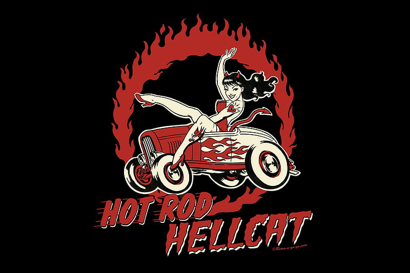 Hot Rod Hellcat, red, art, legs, rod, black, heels, hellcat, flames, girl, hotrod, drawing, painting, hot, pinup, HD wallpaper