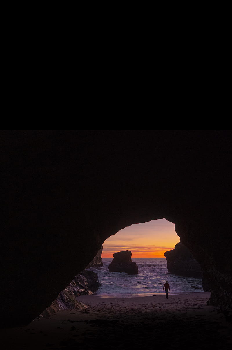 cave, rocks, silhouette, water, sunset, HD phone wallpaper