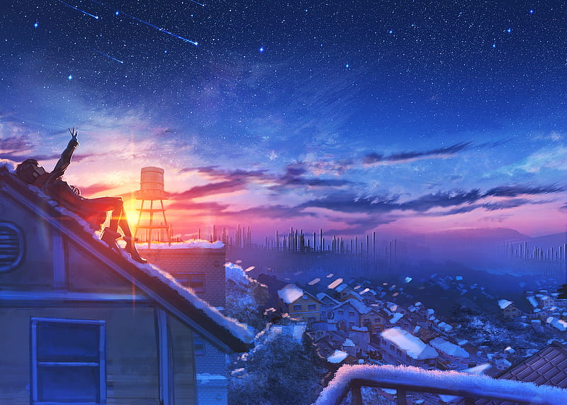 Girl looking up at a starry sky during a cold winter's day, cold, stars, sun, town, sunset, bonito, sky, hope, innocent, snow, cosy, anime, white, HD wallpaper