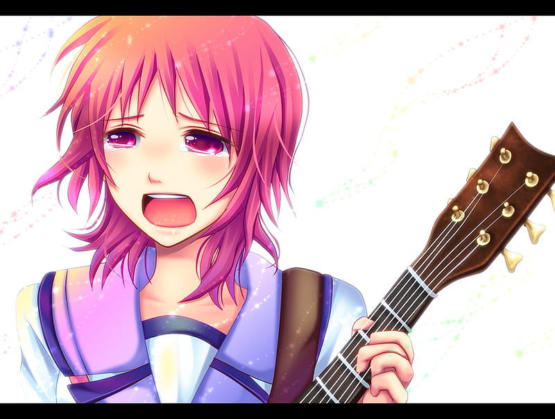 Iwasawa Asami, pink eyes, angel beats, guitar, girl, anime, tears, pink hair, school uniform, HD wallpaper