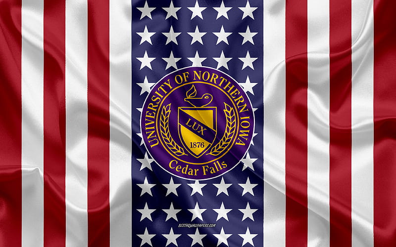 University of Northern Iowa Emblem, American Flag, University of Northern Iowa logo, Cedar Falls, Iowa, USA, University of Northern Iowa, HD wallpaper