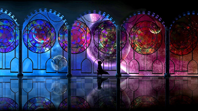 Hall of Empires, art, planets, stained glass, space, woman, galaxy, sci-fi, fantasy, painting, HD wallpaper