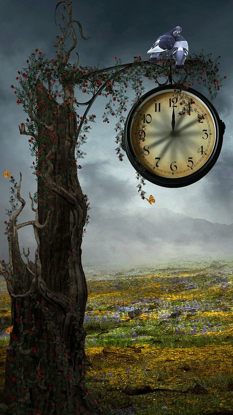 Eternity, birds, clock, doves, fantasy, steampunk, time, tree, vines, HD phone wallpaper