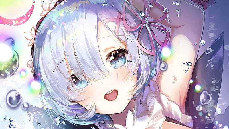rem, re: zero starting life in another world, short hair, smiling, cute, maid, bubbles, Anime, HD wallpaper
