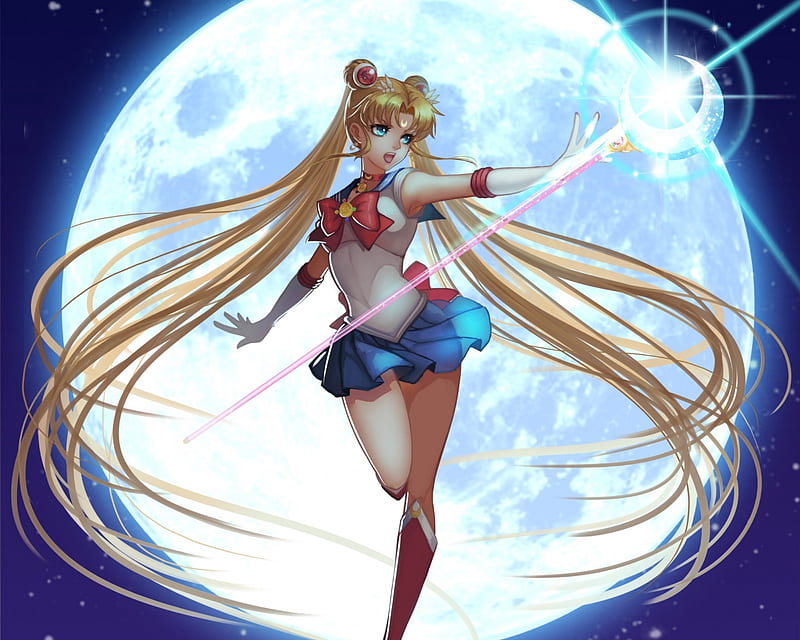Sailor Moon, staff, pretty, blond, magic, sweet, magical girl, nice, fantasy, twin tail, moon, anime, anime girl, weapon, long hair, sailormoon, female, lovely, wand, twintail, blonde, blonde hair, twintails, twin tails, blond hair, girl, HD wallpaper