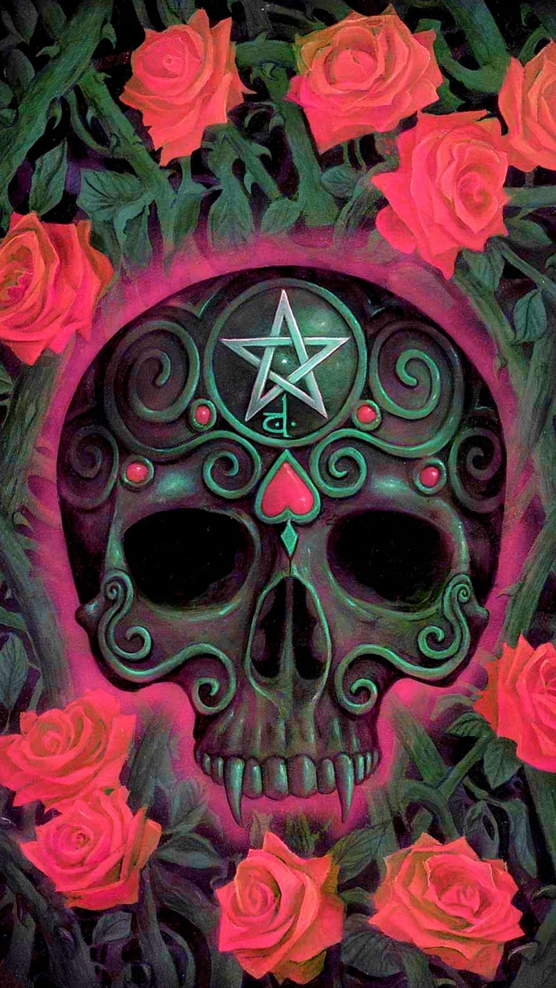 Ace of Pentagrams, dark, goth, pentacle, pentagram, roses, skull, tarot, tarot cards, vampire, HD phone wallpaper
