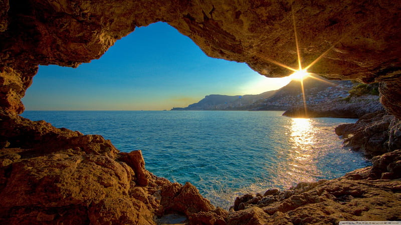 Sunset in the Cave, sun, rock, ocean, sunset, sky, cave, daylight, water, bright, day, nature, reflection, HD wallpaper
