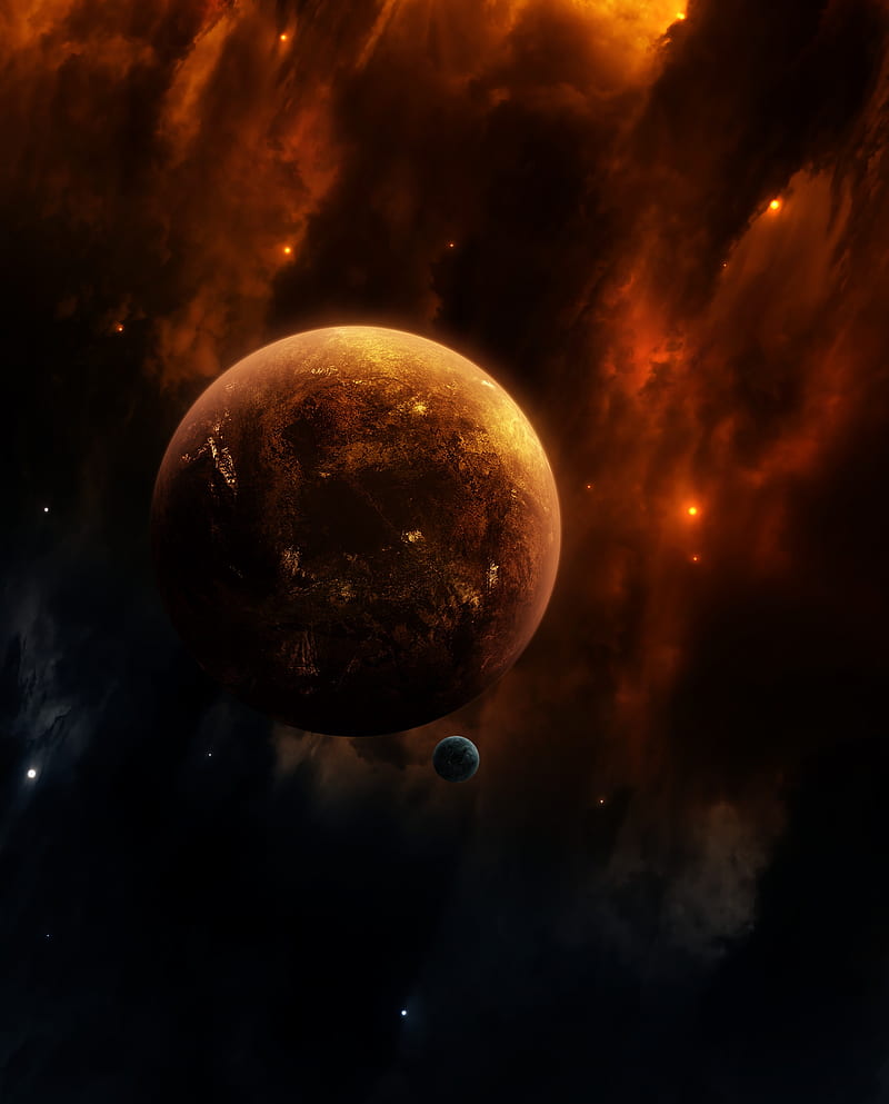 planets, cosmos, orange nebula, Space, HD phone wallpaper