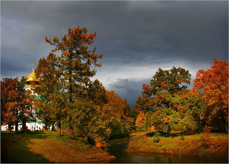 Autumn scenery, art , nice, little, autumn fall, colours, church, trees, HD wallpaper