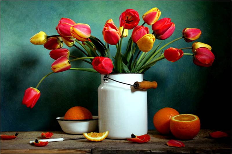 Bucket of Tulips, table, tulips, bucket, oranges, bowl, knife, HD wallpaper