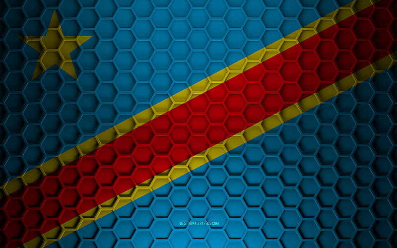 Democratic Republic of Congo flag, 3d hexagons texture, Democratic Republic of Congo, 3d texture, Democratic Republic of Congo 3d flag, metal texture, flag of Democratic Republic of Congo, HD wallpaper