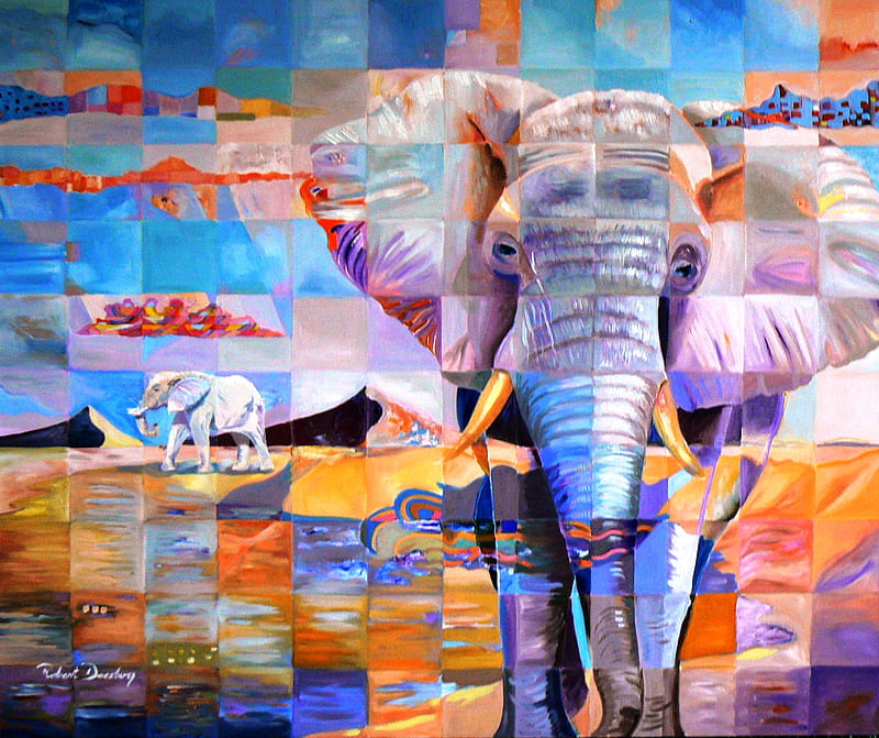 Animals memory, desert, lovely, elephant, colors, bonito, collage, memory, animals, blue, HD wallpaper