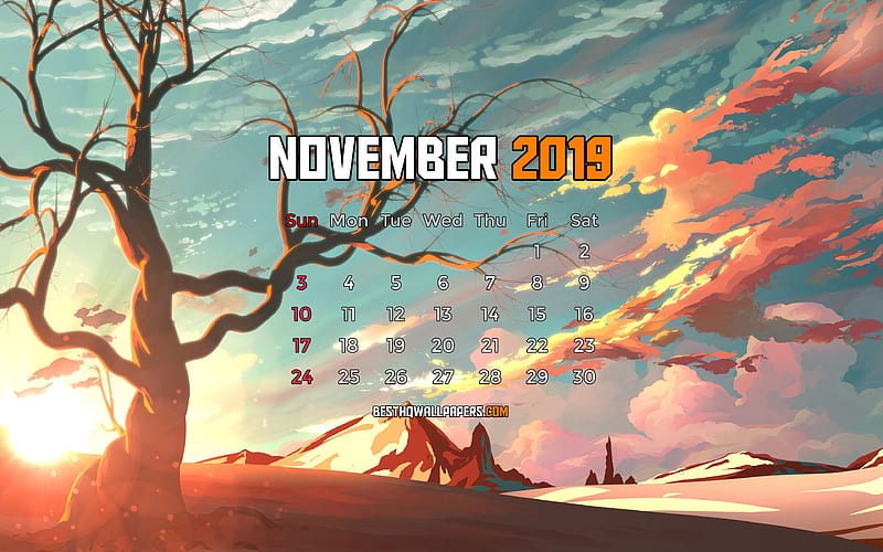 November 2019 Calendar autumn landscape, 2019 calendar, trees, cartoon landscape, November 2019, abstract art, Calendar November 2019, artwork, 2019 calendars, HD wallpaper