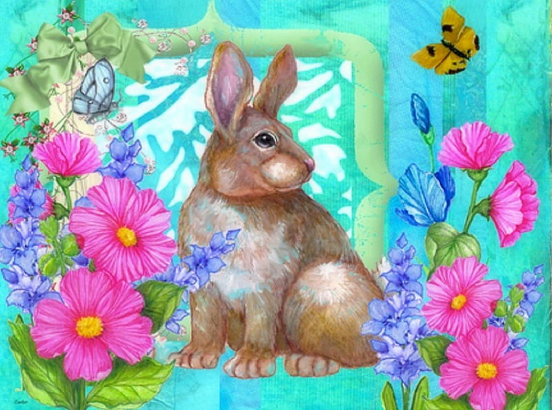 Bunny Time, rabbit, love four seasons, butterflies, easter, spring, paintings, flowers, bunny, butterfly designs, animals, HD wallpaper