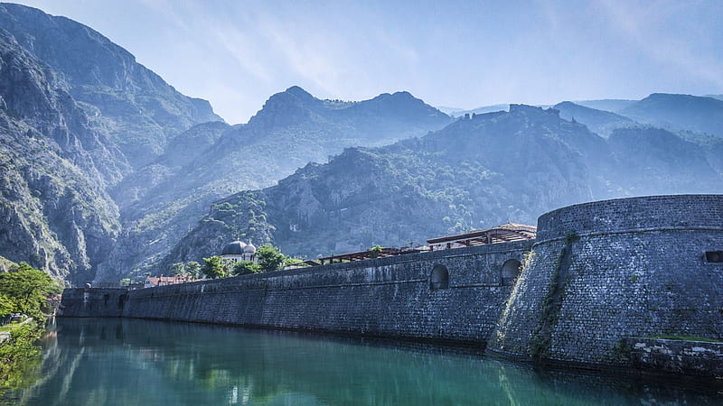 kotor city walls in montenegro, city, walls, canal, mountains, mist, HD wallpaper
