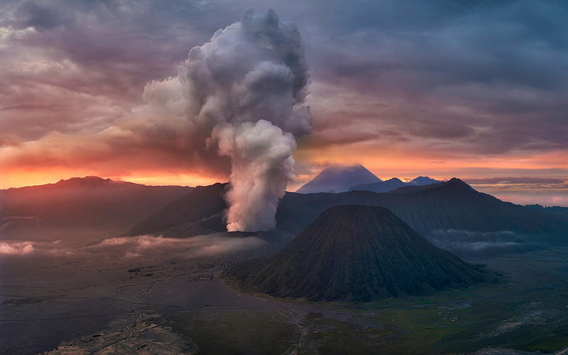 volcano, Tanger, Bromo, island of Java, sunset, mountain landscape, volcanic massif, volcanic eruption, Indonesia, pillar of smoke, HD wallpaper