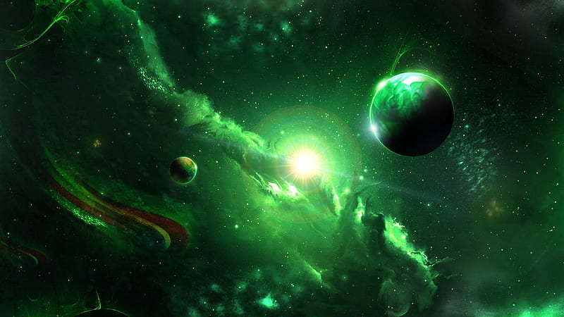 Cosmos, fantasy, green, planet, space, arystah, star, HD wallpaper