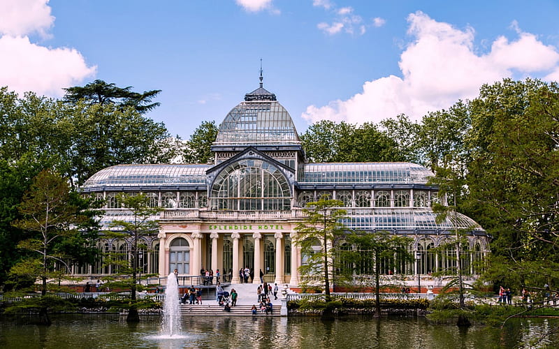 Crystal Palace, Madrid, Spain, Fountain, Palace, Spain, Glass, HD wallpaper
