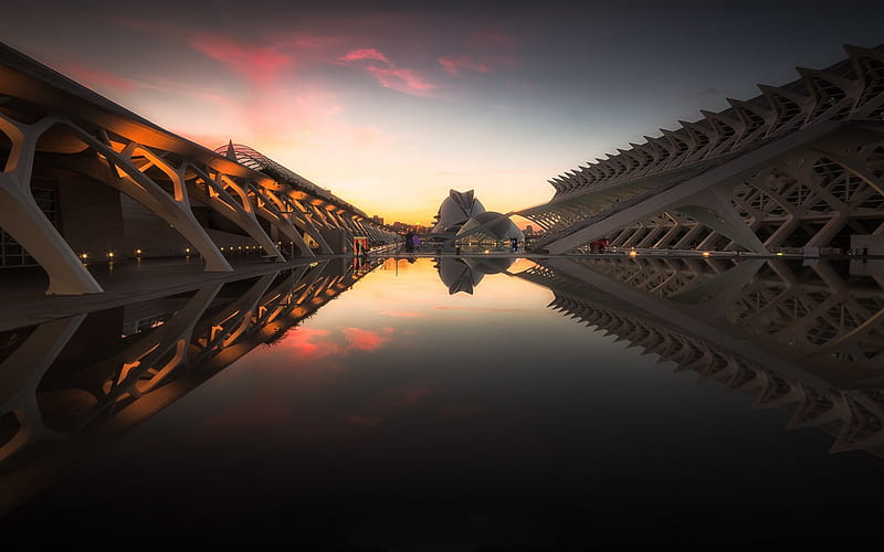 City of Arts and Sciences, Valencia, Spain, landmark, evening, fountains, modern architecture, HD wallpaper
