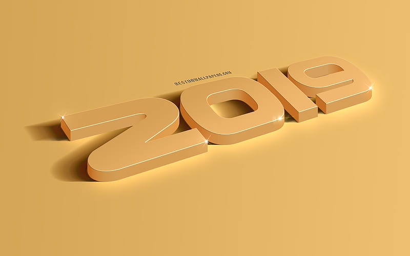 2019 year, golden 3d letters, golden background, 3d 2019 art, Happy New Year, stylish greeting card, 3d figures, 2019 concepts, 2019 New Year art, yellow 2019 art, HD wallpaper