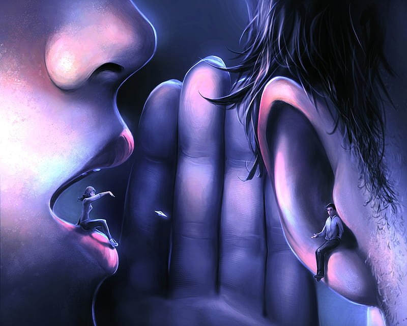 Whisper, art, luminos, aquasixio, fantasy, hand, pink, couple, ear, blue, HD wallpaper