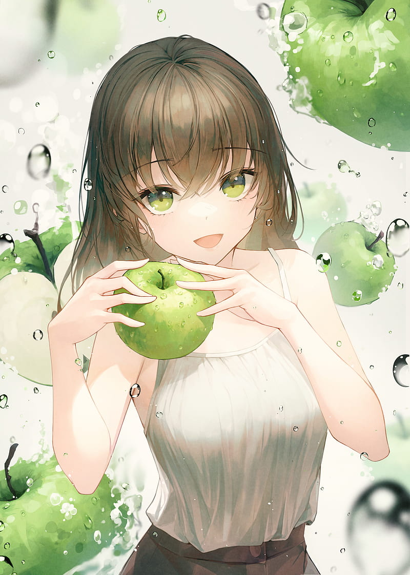 Girl, smile, apples, water, drops, anime, HD phone wallpaper | Peakpx