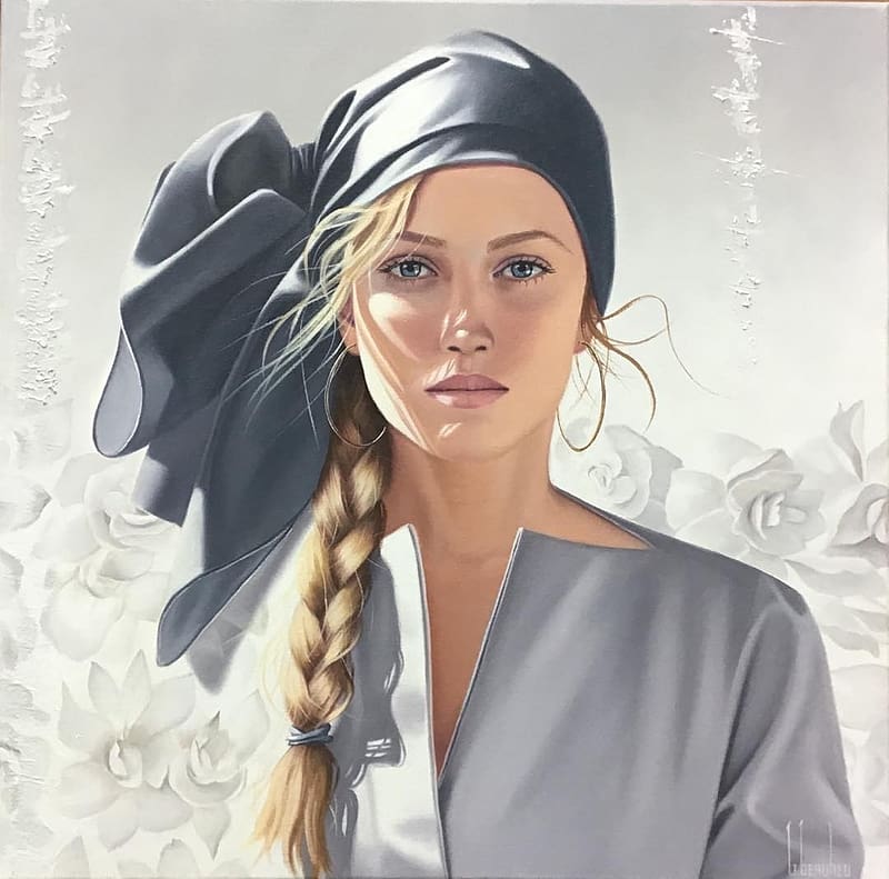 Portrait, woman, turban, grey, blonde, art, tulipan, girl, ginette beaulieu, painting, pictura, face, scarf, HD wallpaper