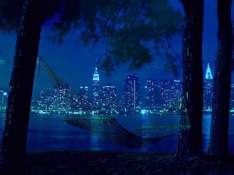 Just relax, rest, buildings, relax, trees, hammock, city, water, big city, reflection, HD wallpaper